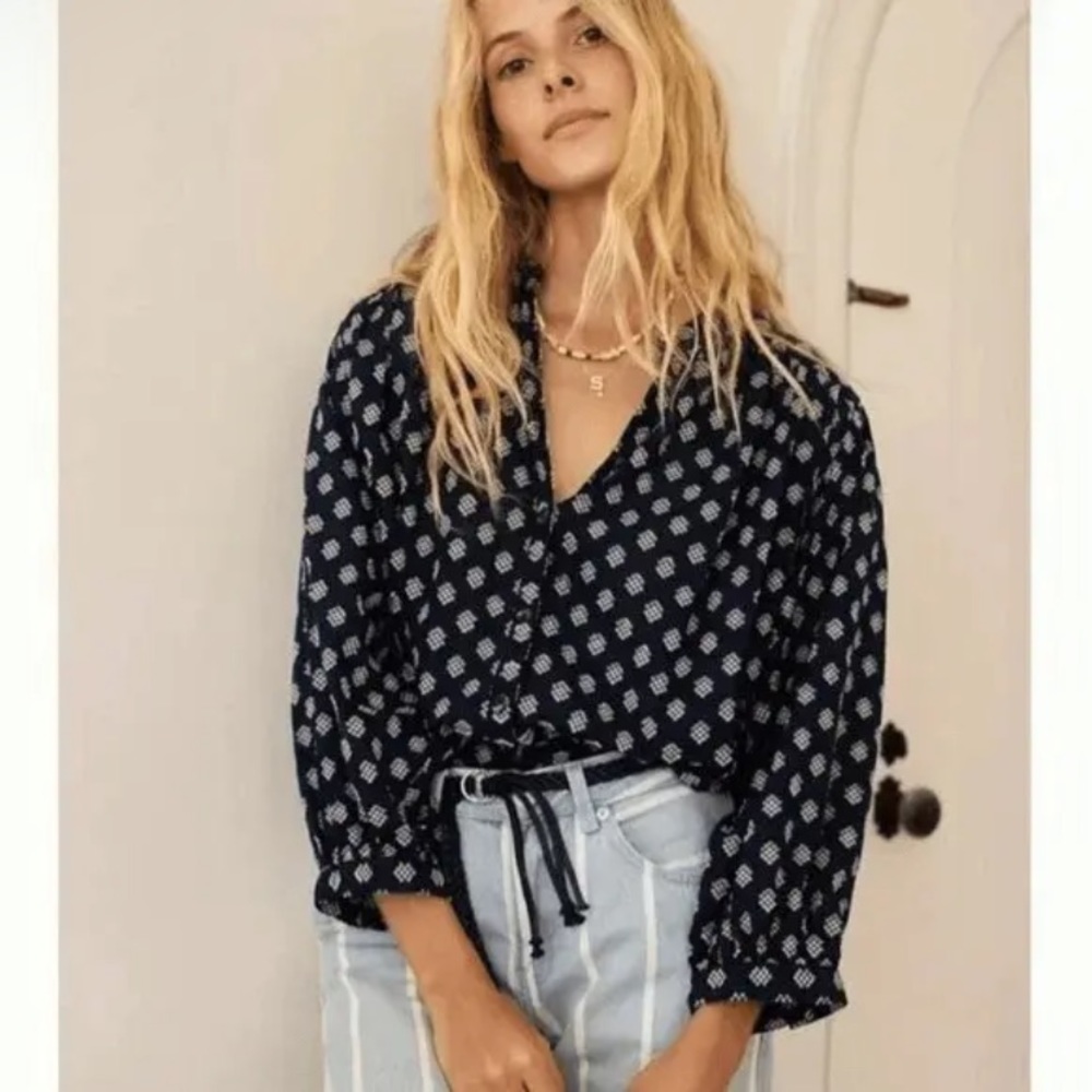 Anthropologie Navy Blue Printed Button-Down Shirt